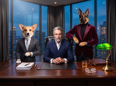 A Pembroke Welsh Corgi and a German Shepherd in tailored business suits flank their human companion inside a high-rise executive boardroom at dusk.