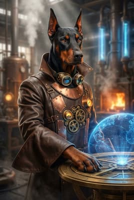 The Amber-Glow Tactician - Doberman Inventor Portrait | Fabled Paws