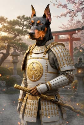 The Alabaster Crest Bushido - Doberman Samurai Portrait | Fabled Paws