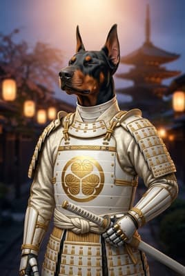 The Pearl Lacquer Peacekeeper - Doberman Samurai Portrait | Fabled Paws