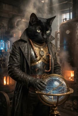The Obsidian Astrolabe Architect - Domestic Shorthair Portrait | Fabled Paws