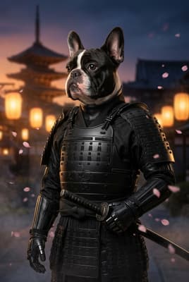 The Onyx Sakura Sentinel - French Bulldog Samurai Portrait | Fabled Paws