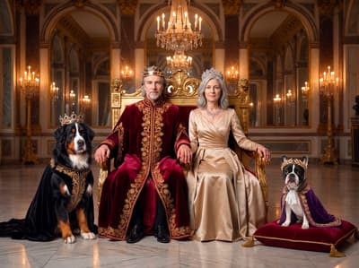 A Bernese Mountain Dog and French Bulldog pose in royal vestments alongside their human companions on golden thrones within an ornate palace.