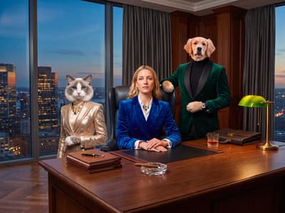 A Ragdoll cat in a gold suit and a Golden Retriever in green velvet flank their human companion in an executive high-rise office overlooking the city skyline.