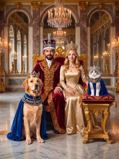 A Golden Retriever and a Ragdoll cat in royal blue capes and crowns sit beside their human companions enthroned in an opulent baroque palace Hall of Mirrors.