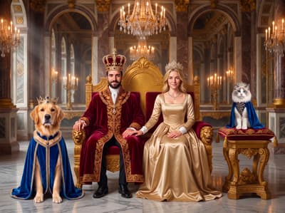 A Golden Retriever and a Ragdoll cat in royal blue cloaks sit beside their human companions in an opulent Baroque palace throne room.