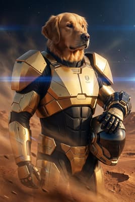 The Gilded Martian Sentinel - Golden Retriever Space Portrait | Fabled Paws