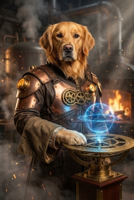 The Bronze Hologram Mechanist - Golden Retriever Portrait | Fabled Paws