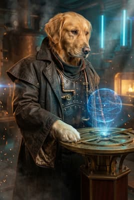 The Cobalt Astrolabe Artificer - Golden Retriever Portrait | Fabled Paws