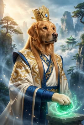 The Cerulean Dragon Sage - Golden Retriever Celestial Portrait | Fabled Paws