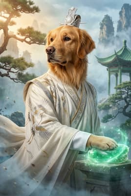 The Ivory Crane Ascendant - Golden Retriever Celestial Portrait | Fabled Paws