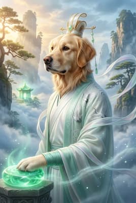 The Mint Crane Ascendant - Golden Retriever Celestial Portrait | Fabled Paws