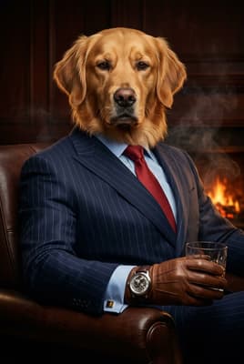 The Crimson Silk Negotiator - Golden Retriever Executive Portrait | Fabled Paws