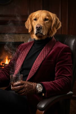 The Crimson Quilted Negotiator - Golden Retriever Executive Portrait | Fabled Paws