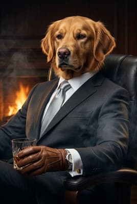 The Cognac Leather Negotiator - Golden Retriever Executive Portrait | Fabled Paws
