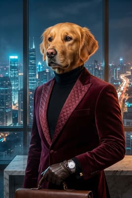 The Quilted Mahogany Mogul - Golden Retriever Executive Portrait | Fabled Paws