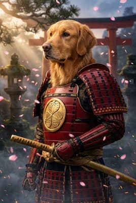 The Vermillion Crest Guardian - Golden Retriever Warrior Portrait | Fabled Paws