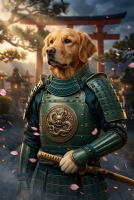 The Emerald Dragon Ronin - Golden Retriever Warrior Portrait | Fabled Paws