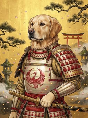 The Sunlit Crane Daimyo - Golden Retriever Portrait | Fabled Paws