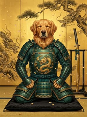 The Jade Dragon Hermit - Golden Retriever Samurai Portrait | Fabled Paws