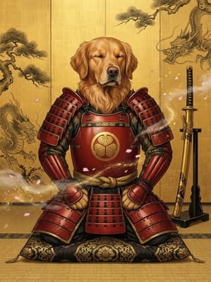 The Vermilion Meditator - Golden Retriever Samurai Portrait | Fabled Paws