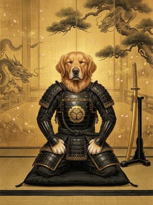The Gilded Petal Shogun - Golden Retriever Samurai Portrait | Fabled Paws