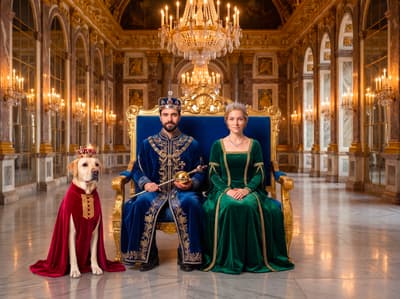 A regal yellow Labrador Retriever in a crowned crimson cape sits beside their human companions on a gilded throne inside a grand Baroque palace ballroom.