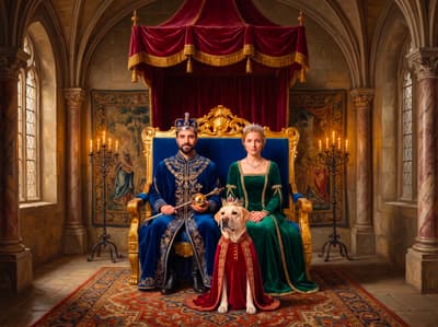 A noble Labrador Retriever wearing a crown and crimson cape sits between their human companions enthroned in a majestic royal court scene.