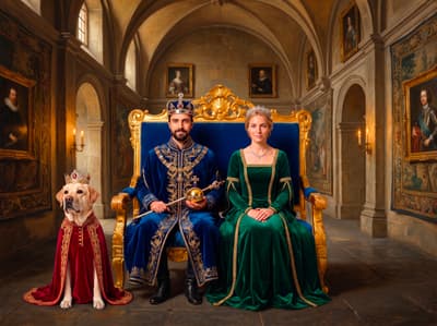 A regal yellow Labrador Retriever in a crowned crimson mantle sits beside their human companions on a gilded throne in a grand castle hall.