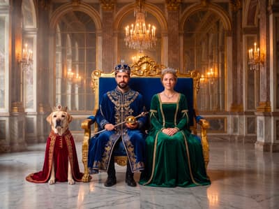 A regal Labrador Retriever in a crimson velvet crown and cape sits beside their human companions crowned on a throne in a gilded palace.