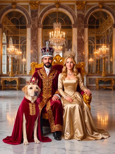 A regal yellow Labrador Retriever in a velvet cloak and crown poses alongside their human companions in an opulent baroque palace hall.