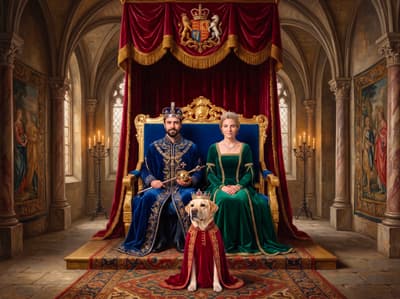 A regal yellow Labrador Retriever seated before their human companions crowned upon a velvet throne in a Gothic royal monarch hall design.