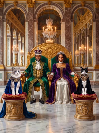 A Ragdoll cat and a tuxedo Domestic Shorthair cat perched on ornate pedestals beside their human companions enthroned in an opulent royal palace hall.