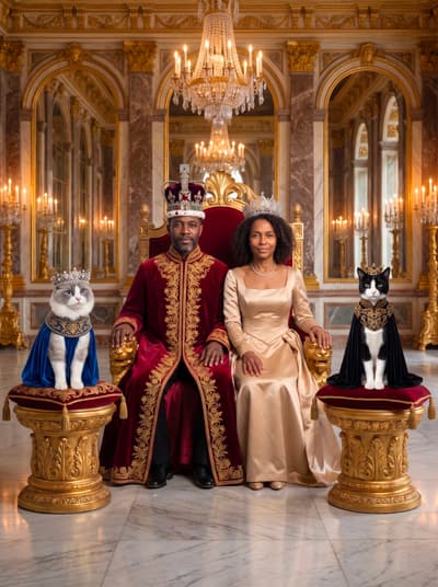 A Ragdoll cat and Domestic Shorthair cat flank their human companions on gilded pedestals wearing crowns and velvet capes within a palatial royal court.