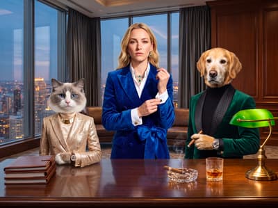 A chic Ragdoll cat and dignified Golden Retriever pose alongside their human companion in tailored suits within a luxurious twilight executive boardroom.