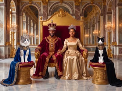 A Ragdoll and Domestic Shorthair cat sit on gilded velvet plinths beside their human companions enthroned in regal monarchs' velvet robes inside a gilded palace hall.