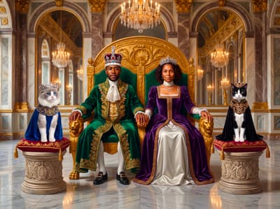 A Ragdoll cat and a Domestic Shorthair cat sit on ornate pedestals beside their human companions enthroned in velvet regalia within a gilded palace.