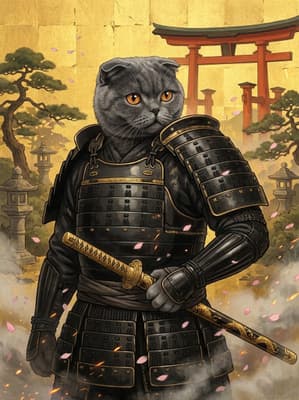 The Gilded Onyx Ronin - scottish fold Samurai Portrait | Fabled Paws