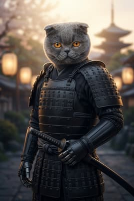 The Obsidian Shadow Ronin - Scottish Fold Portrait | Fabled Paws