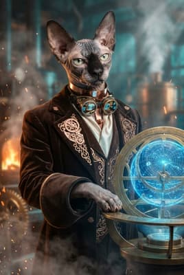 The Bronze Velvet Mechanist - Sphynx Custom Portrait | Fabled Paws