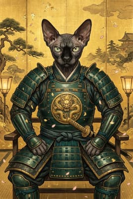 The Malachite Dragon Daimyo - Sphynx Samurai Portrait | Fabled Paws