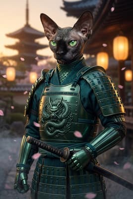 The Veridian Dragon Vanguard - Sphynx Samurai Portrait | Fabled Paws