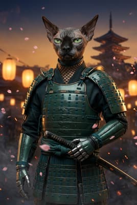 The Jade Dragon Shogun - Sphynx Warrior Portrait | Fabled Paws