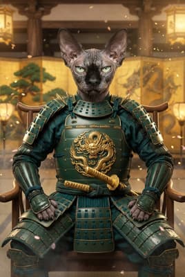 The Pine Lacquer Ronin - Sphynx Warrior Portrait | Fabled Paws