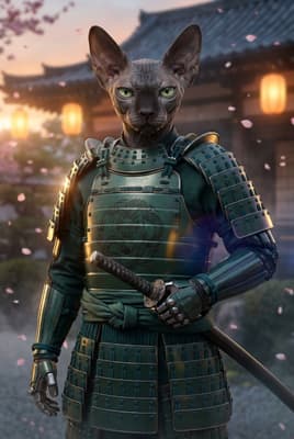 The Forest Jade Bushido - Sphynx Samurai Portrait | Fabled Paws