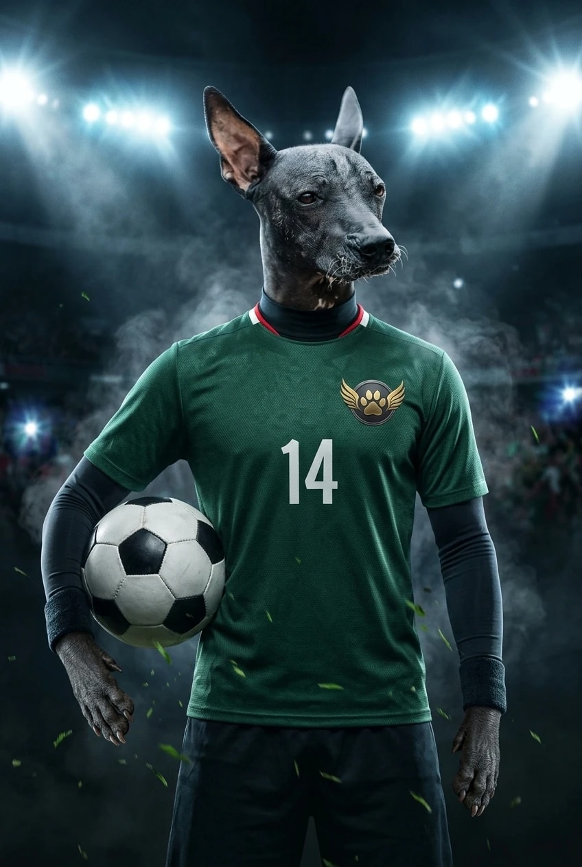 Xoloitzcuintli dog in a green and white soccer jersey with number 14, resting a paw on a classic ball under stadium lights.