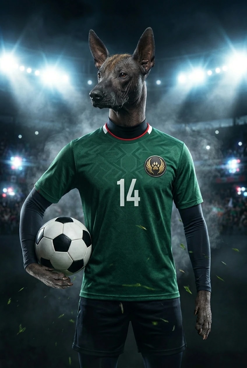 Xoloitzcuintli in a green and black soccer kit holding a ball in a stadium during the 2026 Summer of Soccer.